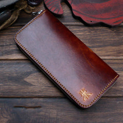 Dark Coffee Handmade Tooled Lion Leather Mens Bifold Long Wallet Zipper Clutch For Men - iwalletsmen
