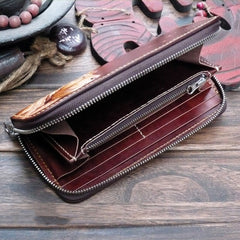Dark Coffee Handmade Tooled Lion Leather Mens Bifold Long Wallet Zipper Clutch For Men - iwalletsmen