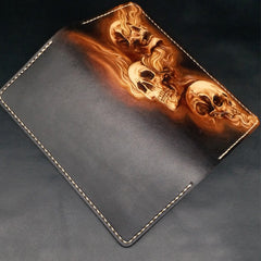 Dark Coffee Handmade Tooled Three Skulls Leather Mens Long Wallet Bifold Clutch For Men - iwalletsmen