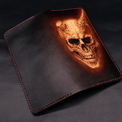 Dark Coffee Handmade Tooled Death Skull with Horn Leather Mens Bifold Long Wallet Clutch For Men - iwalletsmen
