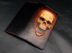 Dark Coffee Handmade Tooled Death Skull with Horn Leather Mens Bifold Long Wallet Clutch For Men - iwalletsmen