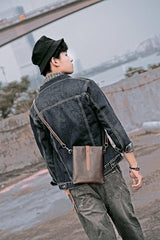 Dark Coffee Leather Mens Small Vertical Courier Bag Messenger Bags Black Small Postman Bag For Men - iwalletsmen