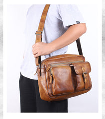 Brown Cool Leather Mens 14 inches Side Bag Gray Courier Bag Messenger Bag for Men - iwalletsmen