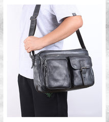 Brown Cool Leather Mens 14 inches Side Bag Gray Courier Bag Messenger Bag for Men - iwalletsmen