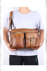 Brown Cool Leather Mens 14 inches Side Bag Gray Courier Bag Messenger Bag for Men - iwalletsmen
