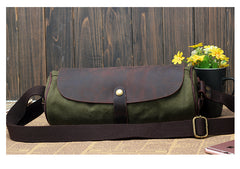 Gray Canvas Leather Mens Green Barrel Postman Bag Bucket Messenger Bag Side Bag For Men - iwalletsmen