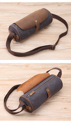 Gray Leather Mens Green Barrel Sling Bag Postman Bag Bucket Messenger Bag Side Bag For Men - iwalletsmen