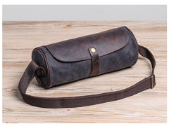 Gray Leather Mens Green Barrel Sling Bag Postman Bag Bucket Messenger Bag Side Bag For Men - iwalletsmen