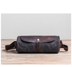 Gray Leather Mens Green Barrel Sling Bag Postman Bag Bucket Messenger Bag Side Bag For Men - iwalletsmen