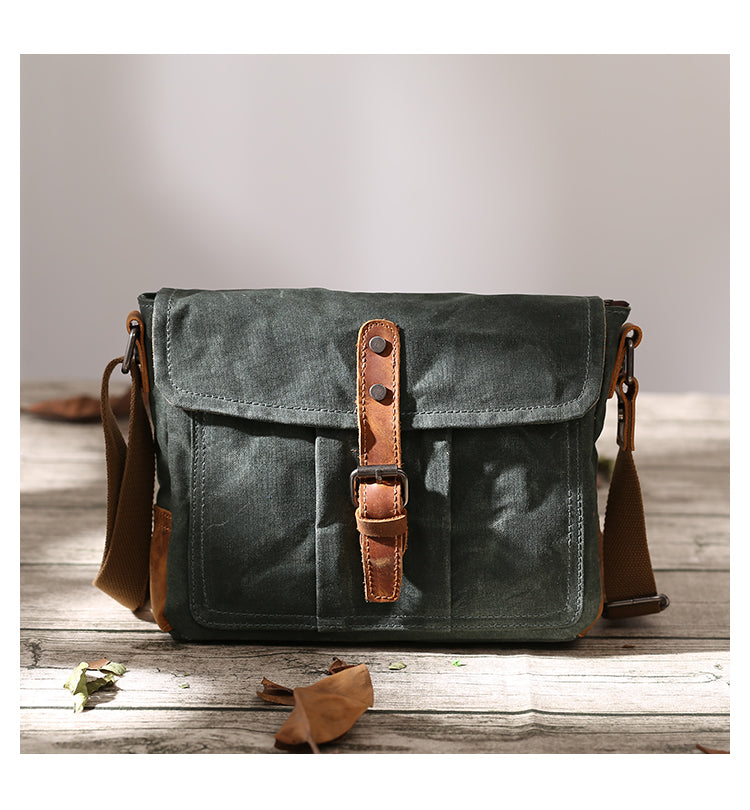 canvas leather messenger backpack Small Waxed Canvas Mens Waterproof Green Side Bag Courier Bag Messenge – iwalletsmen