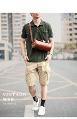 Brown Leather Mens Casual Bucket Shoulder Bag Barrel Messenger Bags Postman Bag For Men - iwalletsmen