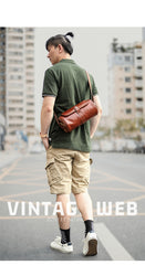 Brown Leather Mens Casual Bucket Shoulder Bag Barrel Messenger Bags Postman Bag For Men - iwalletsmen