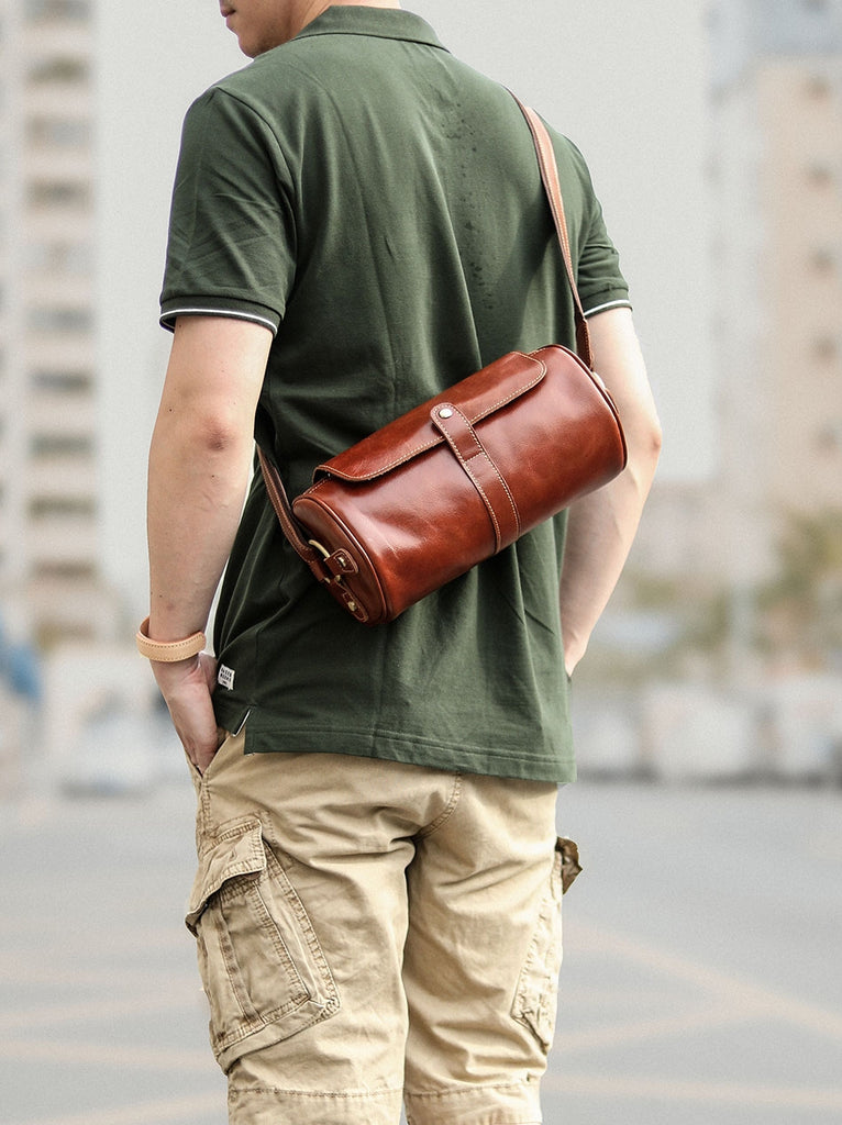 Brown Leather Mens Casual Bucket Shoulder Bag Barrel Messenger Bags Po iwalletsmen