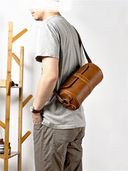 Brown Leather Mens Casual Bucket Shoulder Bag Barrel Messenger Bags Postman Bag For Men - iwalletsmen