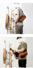 Brown Leather Mens Casual Bucket Shoulder Bag Barrel Messenger Bags Postman Bag For Men - iwalletsmen