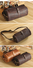 Brown Leather Mens Casual Bucket Shoulder Bag Barrel Messenger Bags Postman Bag For Men - iwalletsmen