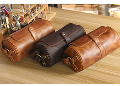 Brown Leather Mens Casual Bucket Shoulder Bag Barrel Messenger Bags Postman Bag For Men - iwalletsmen