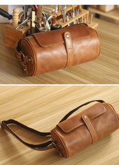 Brown Leather Mens Casual Bucket Shoulder Bag Barrel Messenger Bags Postman Bag For Men - iwalletsmen