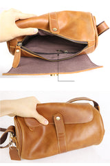 Brown Leather Mens Casual Bucket Shoulder Bag Barrel Messenger Bags Postman Bag For Men - iwalletsmen