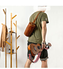 Brown Leather Mens Casual Bucket Shoulder Bag Barrel Messenger Bags Postman Bag For Men - iwalletsmen