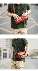 Brown Leather Mens Casual Bucket Shoulder Bag Barrel Messenger Bags Postman Bag For Men - iwalletsmen