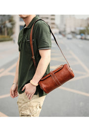 Brown Leather Mens Casual Bucket Shoulder Bag Barrel Messenger Bags Postman Bag For Men - iwalletsmen