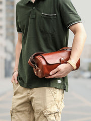 Brown Leather Mens Casual Bucket Shoulder Bag Barrel Messenger Bags Postman Bag For Men - iwalletsmen