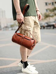 Brown Leather Mens Casual Bucket Shoulder Bag Barrel Messenger Bags Postman Bag For Men - iwalletsmen