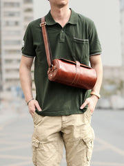 Brown Leather Mens Casual Bucket Shoulder Bag Barrel Messenger Bags Postman Bag For Men - iwalletsmen