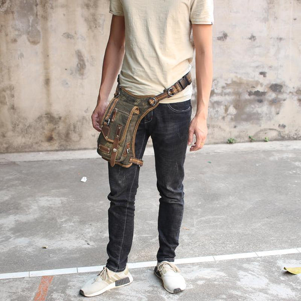 Canvas Black Mens DropLeg Bag Green Fanny Pack Belt Pouch Waist Bag Hip Bag Small Side Bag For Men - iwalletsmen