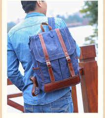 Denim Blue Waxed Canvas Mens Large 14'' Laptop Backpack College Backpack Hiking Backpack for Men - iwalletsmen