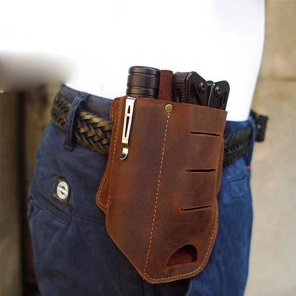EDC Leather Pocket Retro Flashlight Holster Knife Coffee Leather Belt Pouch Sheath Tactical Pen Holder