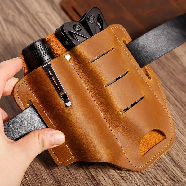 EDC Leather Pocket Retro Flashlight Holster Knife Leather Belt Pouch Sheath Tactical Pen Holder