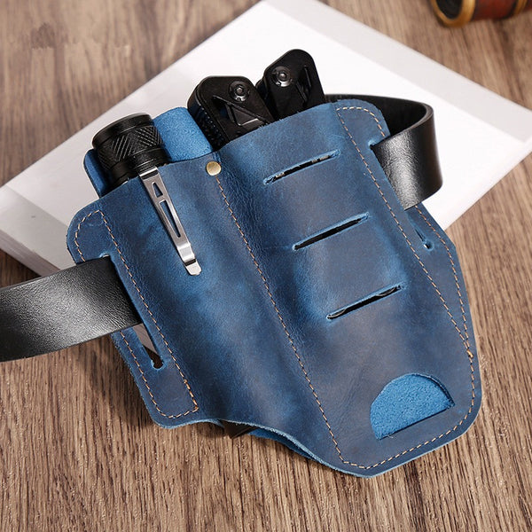 EDC Leather Pocket Retro Flashlight Holster Knife Blue Leather Belt Pouch Sheath Tactical Pen Holder