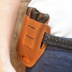 EDC Leather Pocket Retro Flashlight Holster Knife Blue Leather Belt Pouch Sheath Tactical Pen Holder