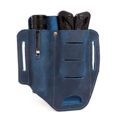 EDC Leather Pocket Retro Flashlight Holster Knife Blue Leather Belt Pouch Sheath Tactical Pen Holder