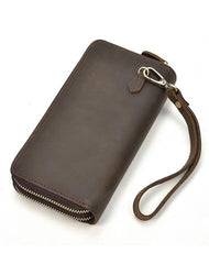 LEATHER MENS Wristlet Wallet Double Zipper Vintage Coffee Clutch FOR MEN - iwalletsmen