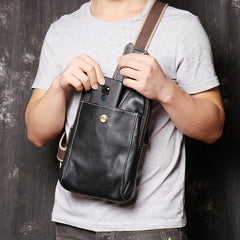 Fashion Black Leather Sling Backpack Men's Sling Bag Black Chest Bag One shoulder Backpack Black Sling Pack For Men - iwalletsmen