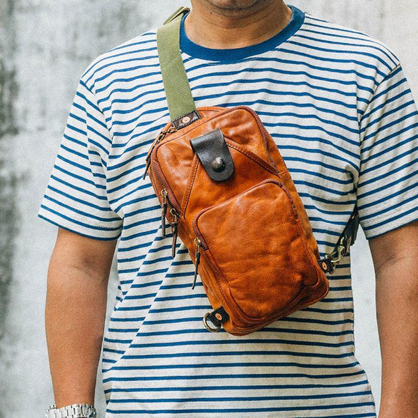 Fashion Black Leather Mens Sling Bag Chest Bag Sling Pack Tan One Shoulder Backpack For Men - iwalletsmen