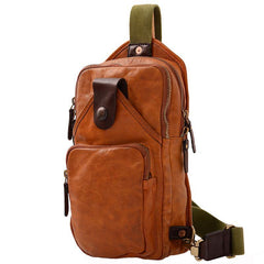 Fashion Black Leather Mens Sling Bag Chest Bag Sling Pack Tan One Shoulder Backpack For Men - iwalletsmen