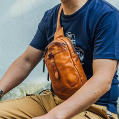 Fashion Brown Leather Men Sling Pack Chest Bag Sling Bag Cool Coffee Leather One Shoulder Backpack For Men - iwalletsmen