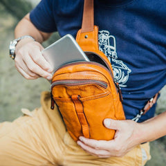 Fashion Brown Leather Men Sling Pack Chest Bag Sling Bag Cool Coffee Leather One Shoulder Backpack For Men - iwalletsmen