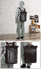 Fashion Coffee Leather Men's 15 inches Rollup Backpack Computer Backpack School Backpack For Men - iwalletsmen