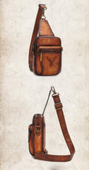 Vintage Brown Leather Deer Womens Men's Sling Bag Chest Bag Sling Pack Sling Backpack For Men - iwalletsmen