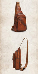 Vintage Brown Leather Men's Sling Bags Chest Bag Brown Sling Pack Sling Backpack For Men - iwalletsmen