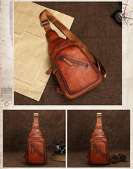 Vintage Brown Leather Men's Sling Bags Chest Bag Brown Sling Pack Sling Backpack For Men - iwalletsmen