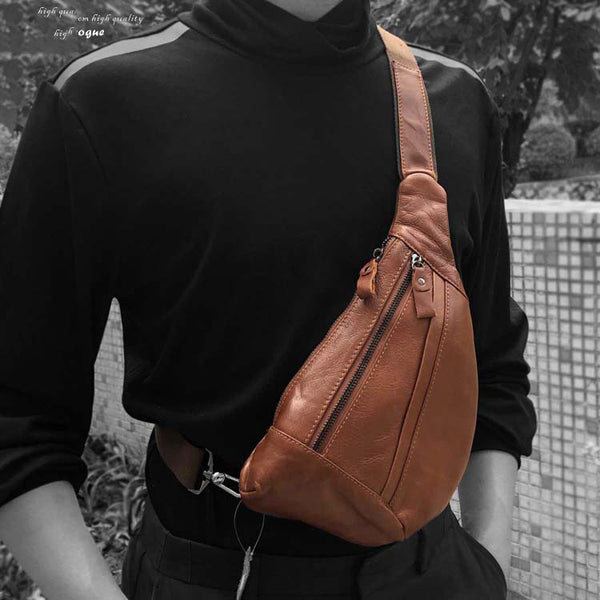 Fashion Brown Leather Men's Sling Bags Chest Bag Fashion Brown One shoulder Backpack Sling Bag For Men - iwalletsmen