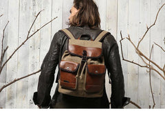 Fashion Canvas Leather Mens Khaki Backpack School Backpack Black Canvas Travel Backpack For Men - iwalletsmen