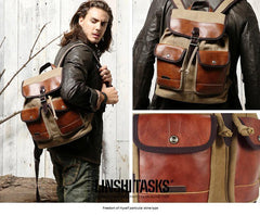 Fashion Canvas Leather Mens Khaki Backpack School Backpack Black Canvas Travel Backpack For Men - iwalletsmen