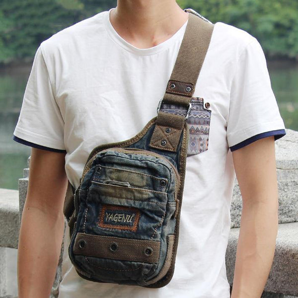 Fashion Denim Blue Mens Small Sling Bag Chest Bags Blue Fashion Denim One Shoulder Backpacks For Men - iwalletsmen